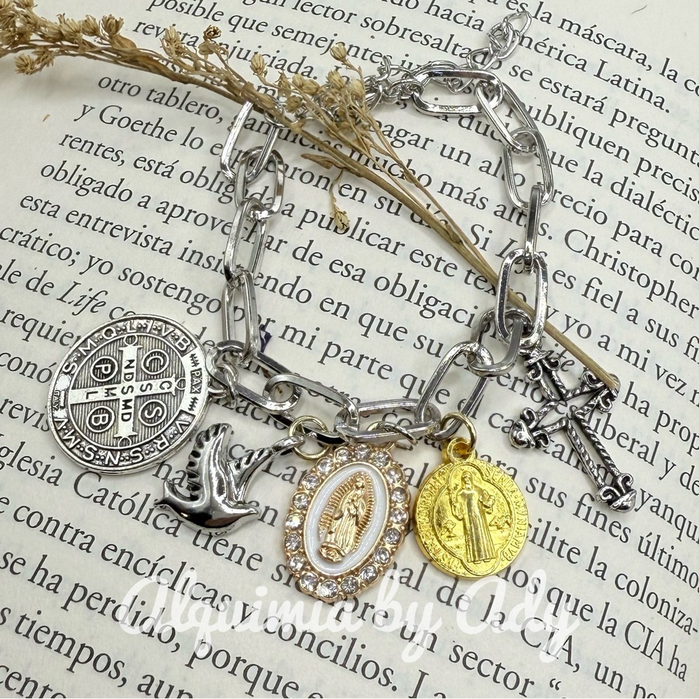 Heirloom Oddity +Silver and Gold Religious  multi Charm Bracelet